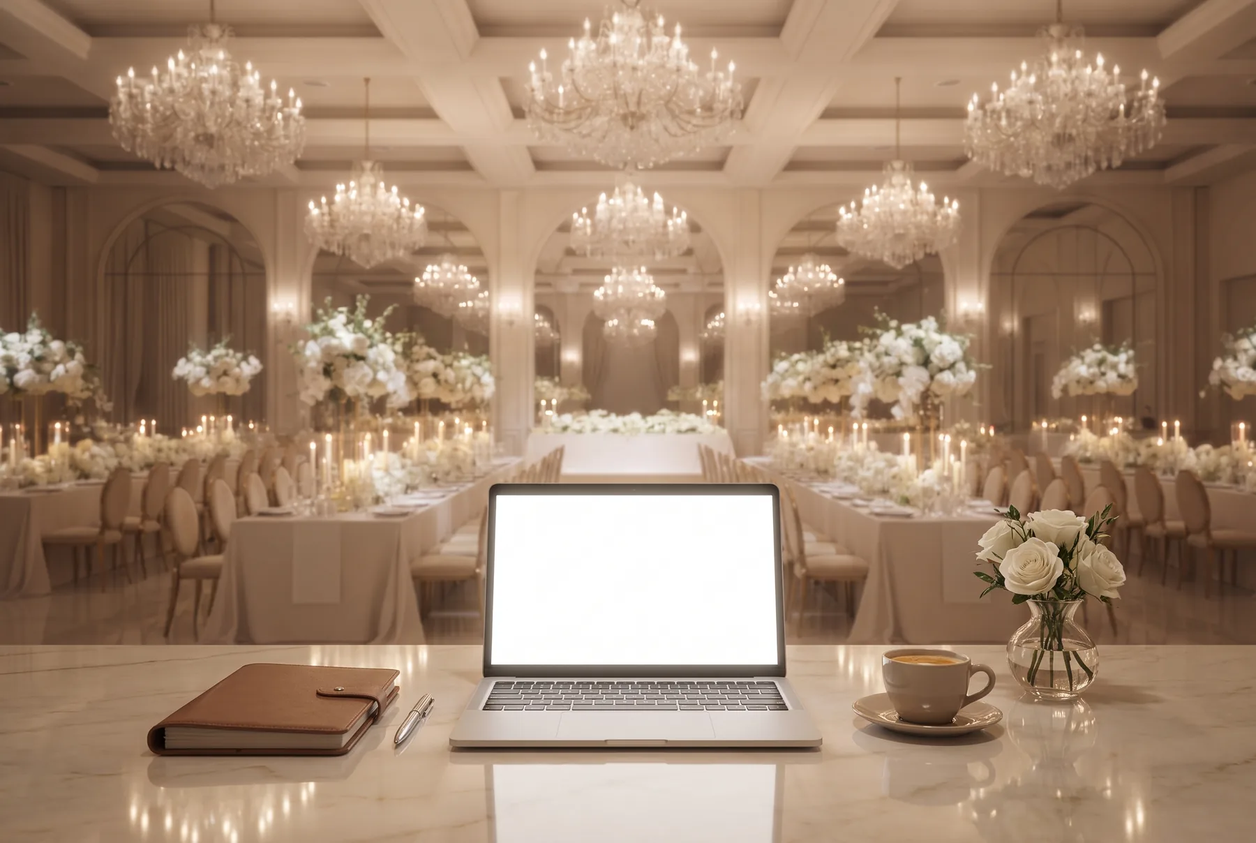 Laptop na marmurowym blacie w sali weselnej, na ekranie panel Weddoro z cennikiem